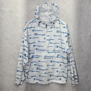 Champion Jacket‎ Men Sz Small White 1/4 Zip Hooded Windbreaker All Over Print